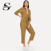 Sheinside Khaki Elegant Jumpsuit Roll Tab Sleeve Button Front Self Belted Jumpsuit Women Clothes 2018 Mid Waist Autumn Jumpsuits