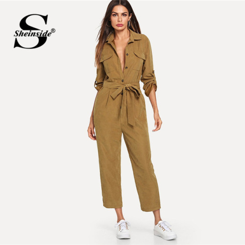 Sheinside Khaki Elegant Jumpsuit Roll Tab Sleeve Button Front Self Belted Jumpsuit Women Clothes 2018 Mid Waist Autumn Jumpsuits