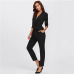 Sheinside Plain Black Office Ladies Workwear Jumpsuit Wrap And Tie Detail Tailored Long Sleeve Pockets Women Elegant Jumpsuit