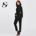 Sheinside Plain Black Office Ladies Workwear Jumpsuit Wrap And Tie Detail Tailored Long Sleeve Pockets Women Elegant Jumpsuit