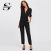 Sheinside Plain Black Office Ladies Workwear Jumpsuit Wrap And Tie Detail Tailored Long Sleeve Pockets Women Elegant Jumpsuit