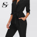 Sheinside Plain Black Office Ladies Workwear Jumpsuit Wrap And Tie Detail Tailored Long Sleeve Pockets Women Elegant Jumpsuit