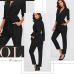 Sheinside Plain Black Office Ladies Workwear Jumpsuit Wrap And Tie Detail Tailored Long Sleeve Pockets Women Elegant Jumpsuit