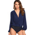 Sheinside Solid Pleated Wrap Front Blouse Bodysuit Women Work Office Laides Navy Deep V Neck Long Sleeve Elegant Bodysuit