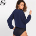 Sheinside Solid Pleated Wrap Front Blouse Bodysuit Women Work Office Laides Navy Deep V Neck Long Sleeve Elegant Bodysuit