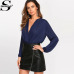 Sheinside Solid Pleated Wrap Front Blouse Bodysuit Women Work Office Laides Navy Deep V Neck Long Sleeve Elegant Bodysuit