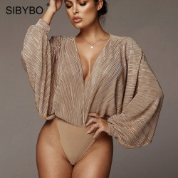 Sibybo Deep V-Neck Patchwork Sexy Bodysuit Women Fashion Long Sleeve Loose Women Rompers Spring Casual Bodysuit Jumpsuit 2019