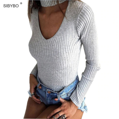 Sibybo Sexy Bodysuits Women 2019 Halter Knitted Autumn Winter Black Slim Bodycon Jumpsuit Romper Womens V-Neck Jumpsuit Tops