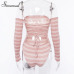 Simenual Backless lace up bodysuit women striped off shoulder bodysuits slim sexy hot long sleeve pink jumpsuits autumn rompers