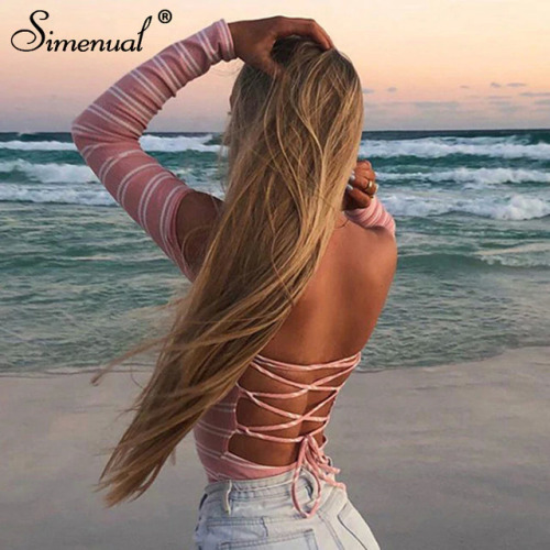 Simenual Backless lace up bodysuit women striped off shoulder bodysuits slim sexy hot long sleeve pink jumpsuits autumn rompers