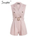 Simplee Elegant sashes khaki cotton women playsuit Summer pockets button zipper rompers short jumpsuit Office ladies overalls