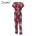 Simplee Vintage floral print boho jumpsuit romper V neck short sleeve casual jumpsuit Long sash summer jumpsuit women overalls