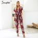 Simplee Vintage floral print boho jumpsuit romper V neck short sleeve casual jumpsuit Long sash summer jumpsuit women overalls