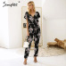 Simplee Vintage floral print boho jumpsuit romper V neck short sleeve casual jumpsuit Long sash summer jumpsuit women overalls