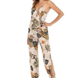 Summer Jumpsuit Sexy Deep V Neck Sleelveless Floral Printing Split Ankle Length Jumpsuit Women Summer Clothes