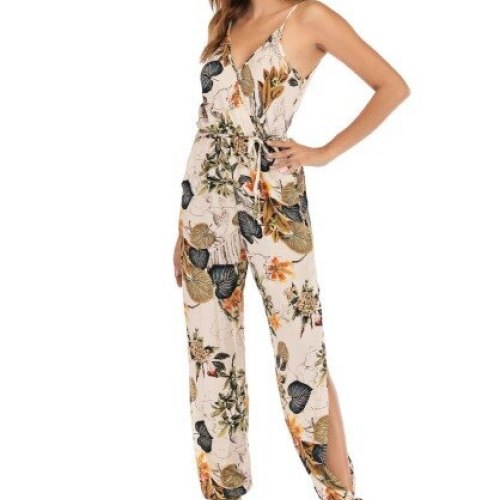 Summer Jumpsuit Sexy Deep V Neck Sleelveless Floral Printing Split Ankle Length Jumpsuit Women Summer Clothes