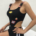 Sweetown Sexy Strappy Bodysuit Women Checkerboard And Fire Print Body Mujer Black Striped Patchwork High Waist Bodycon Bodysuits