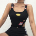 Sweetown Sexy Strappy Bodysuit Women Checkerboard And Fire Print Body Mujer Black Striped Patchwork High Waist Bodycon Bodysuits