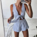 Two Piece Set Blue Striped Playsuits Beach Casual Short Pants Jumpsuit Rompers Sexy Sleeveless V Neck Overalls Bodysuit Sashes