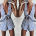 Two Piece Set Blue Striped Playsuits Beach Casual Short Pants Jumpsuit Rompers Sexy Sleeveless V Neck Overalls Bodysuit Sashes