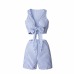 Two Piece Set Blue Striped Playsuits Beach Casual Short Pants Jumpsuit Rompers Sexy Sleeveless V Neck Overalls Bodysuit Sashes