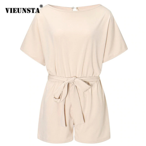 VIEUNSTA Summer Beach Romper Women New Fashion Belted Elegant Office Overalls Casual O Neck Short Sleeve Jumpsuit Solid Playsuit