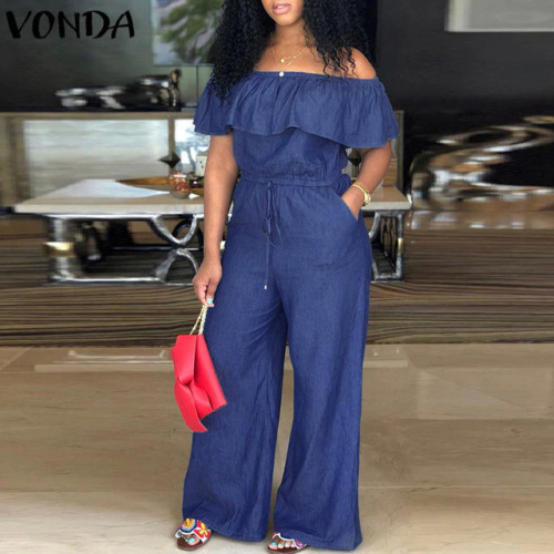 VONDA Denim Rompers Womens Jumpsuit 2019 Summer Sexy Slash Neck Off Shoulder Ruffles Playsuits Plus Size Wide Leg Pants Overalls