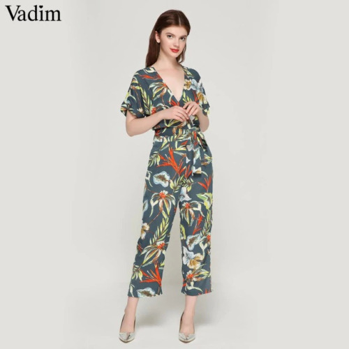 Vadim vintage floral V neck jumpsuits bow tie sashes backless pleated fashion rompers female summer casual playsuits KA173