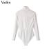 Vadim women basic V neck bodysuits long sleeve stretchy playsuits white black pink female casual wear retro tops KA437