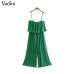 Vadim women chiffon green pleated jumpsuits elastic waist ruffles sleeveless backless rompers female solid chic playsuits KA615