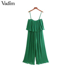 Vadim women chiffon green pleated jumpsuits elastic waist ruffles sleeveless backless rompers female solid chic playsuits KA615