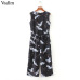 Vadim women cute crane print jumpsuit sashes pockets sleeveless pleated rompers ladies vintage casual jumpsuits KZ1016