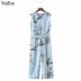 Vadim women cute crane print jumpsuit sashes pockets sleeveless pleated rompers ladies vintage casual jumpsuits KZ1016