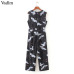 Vadim women cute crane print jumpsuit sashes pockets sleeveless pleated rompers ladies vintage casual jumpsuits KZ1016