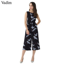 Vadim women cute crane print jumpsuit sashes pockets sleeveless pleated rompers ladies vintage casual jumpsuits KZ1016