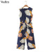 Vadim women cute crane print jumpsuits bow tie sashes pockets sleeveless pleated rompers retro ladies casual jumpsuits KA140