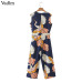 Vadim women cute crane print jumpsuits bow tie sashes pockets sleeveless pleated rompers retro ladies casual jumpsuits KA140