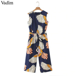 Vadim women cute crane print jumpsuits bow tie sashes pockets sleeveless pleated rompers retro ladies casual jumpsuits KA140