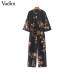 Vadim women vintage floral jumpsuits wide leg pants bow tie belt elastic waist pockets rompers female chic playsuits KZ1175