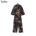 Vadim women vintage floral jumpsuits wide leg pants bow tie belt elastic waist pockets rompers female chic playsuits KZ1175