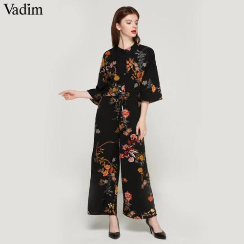 Vadim women vintage floral jumpsuits wide leg pants bow tie belt elastic waist pockets rompers female chic playsuits KZ1175