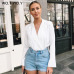 WOTWOY Spring Autumn Long Sleeve Bodysuit Women Casual Cotton White Bodysuits Women 2018 Deep V Neck Chic Tops Female New