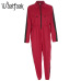 Waatfaak Cargo Red Jumpsuit Women Long Pants Long Sleeve Pocket Streetwear Sexy Jumpsuit Zipper Up Turtleneck Patchwork Romper