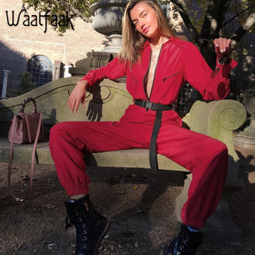 Waatfaak Cargo Red Jumpsuit Women Long Pants Long Sleeve Pocket Streetwear Sexy Jumpsuit Zipper Up Turtleneck Patchwork Romper