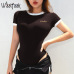 Waatfaak Elegant Short Sleeve Women Bodysuit Romper Ladies Jumpsuit Embroidery Letter Bodycon Womens Casual Body Femme Black Top