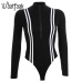 Waatfaak Zipper Long Sleeve Bodysuit Jumpsuit Women Rompers Bodycon Black Elegant Patchwork Striped Turtleneck Skinny Bodysuit