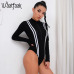 Waatfaak Zipper Long Sleeve Bodysuit Jumpsuit Women Rompers Bodycon Black Elegant Patchwork Striped Turtleneck Skinny Bodysuit