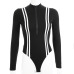 Waatfaak Zipper Long Sleeve Bodysuit Jumpsuit Women Rompers Bodycon Black Elegant Patchwork Striped Turtleneck Skinny Bodysuit