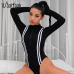 Waatfaak Zipper Long Sleeve Bodysuit Jumpsuit Women Rompers Bodycon Black Elegant Patchwork Striped Turtleneck Skinny Bodysuit