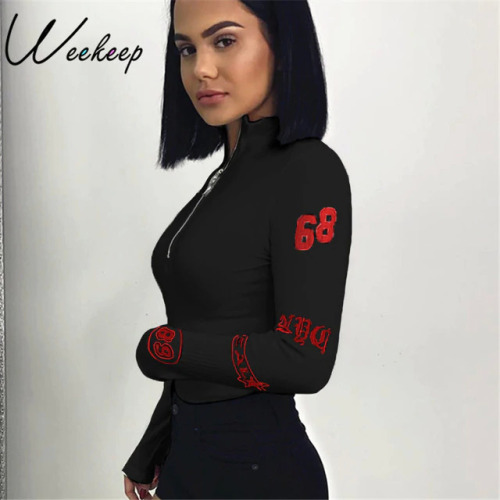 Weekeep Sexy Bodycon Turtleneck Long Sleeve Bodysuit Women Zipper Body Combinaison Feminino Bodysuits Rompers Womens Jumpsuit